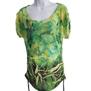 B.L.E.U Size L Green w/ Bead Embellishment Multi-Print Blouse